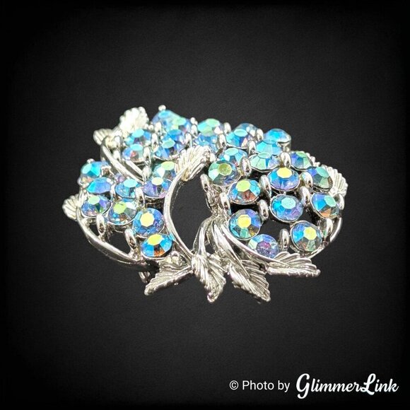 Vintage BSK Blue Aurora Borealis AB Rhinestone Leaves Silver Tone Brooch - Picture 4 of 12